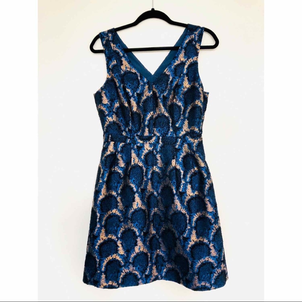 J Crew Navy Gold Peacock Print Dress